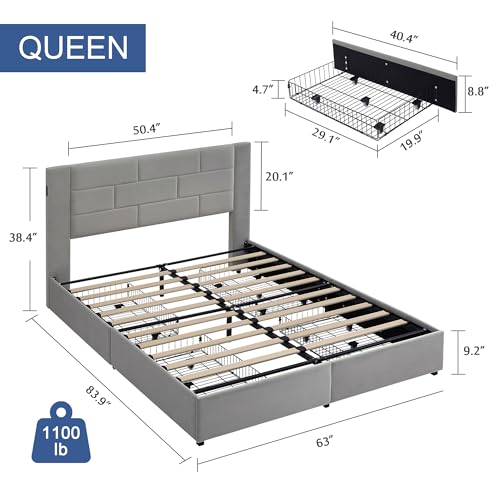 Beige Queen Size Upholstered Bed Frame with 4 Storage Drawers F2036