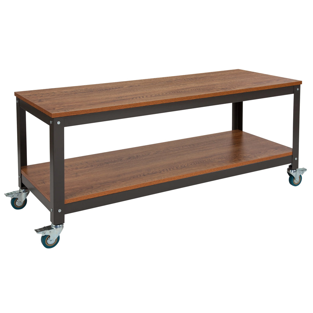 Brown Oak Wood Grain TV Stand with Metal Wheels J8711