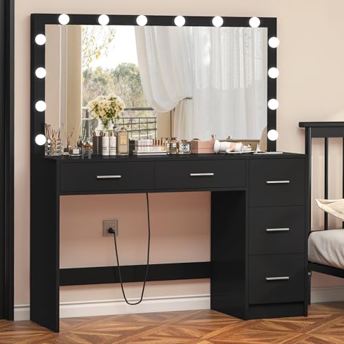 White 43.3" Vanity Desk with Lighted Mirror and 7 Drawers K123