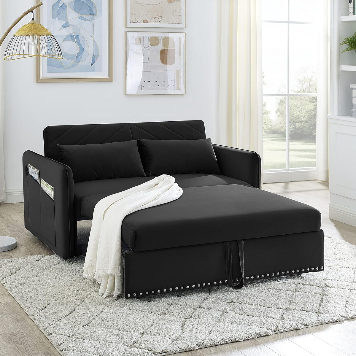 Black Velvet 3 in 1 Loveseat Sleeper Sofa with Pull Out Beds R8172
