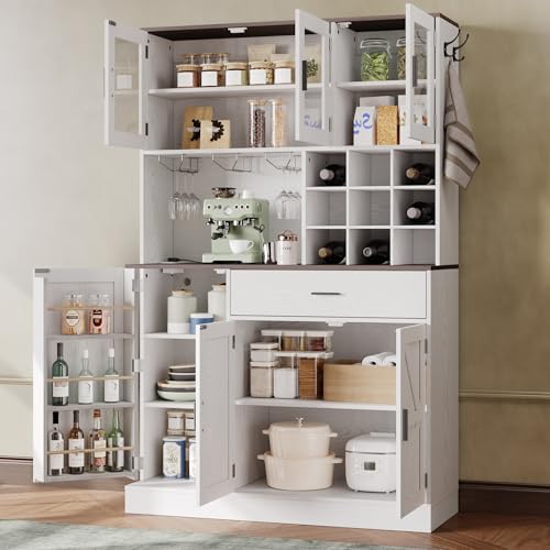 White Tall Kitchen Pantry Cabinet with Glass Doors and Adjustable Shelves S57358