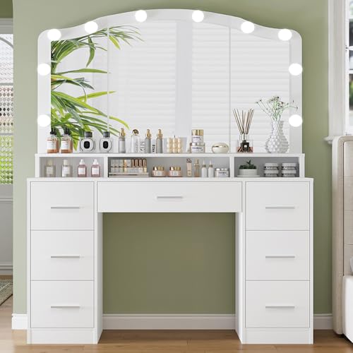 White 43.3" Vanity Desk with Lighted Mirror and 7 Drawers K123