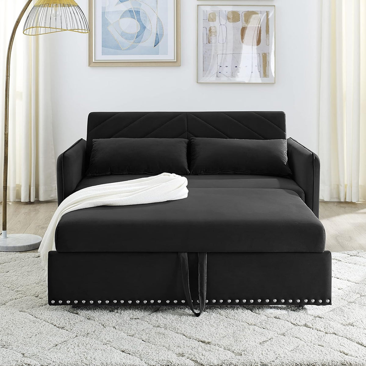 Black Velvet 3 in 1 Loveseat Sleeper Sofa with Pull Out Beds R8172