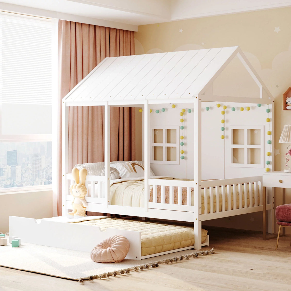 Full Size Wood House Bed with Twin Size Trundle P632723