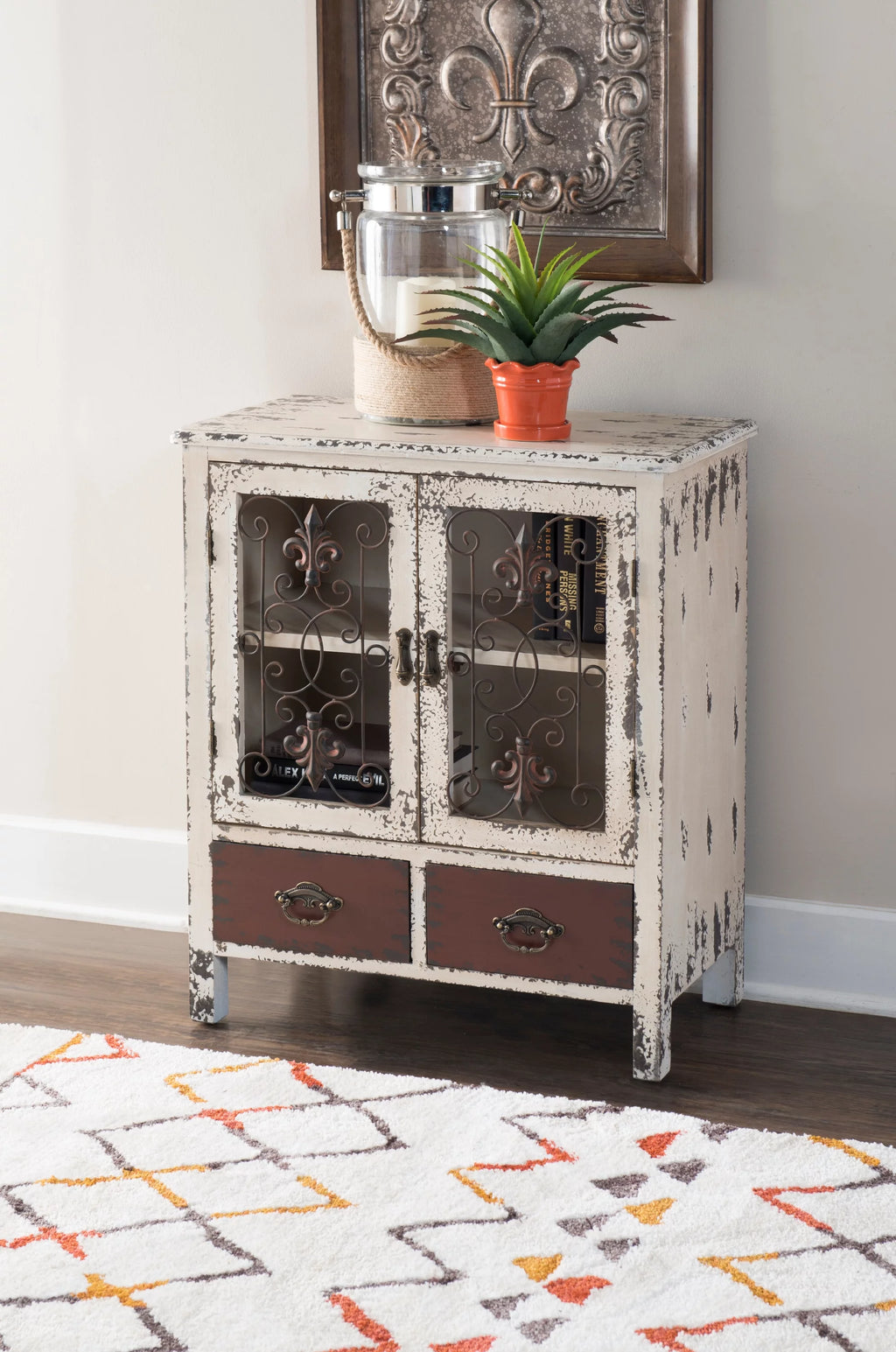 Distressed White 2-Door 2-Drawer Wood and Iron Console Table N56947
