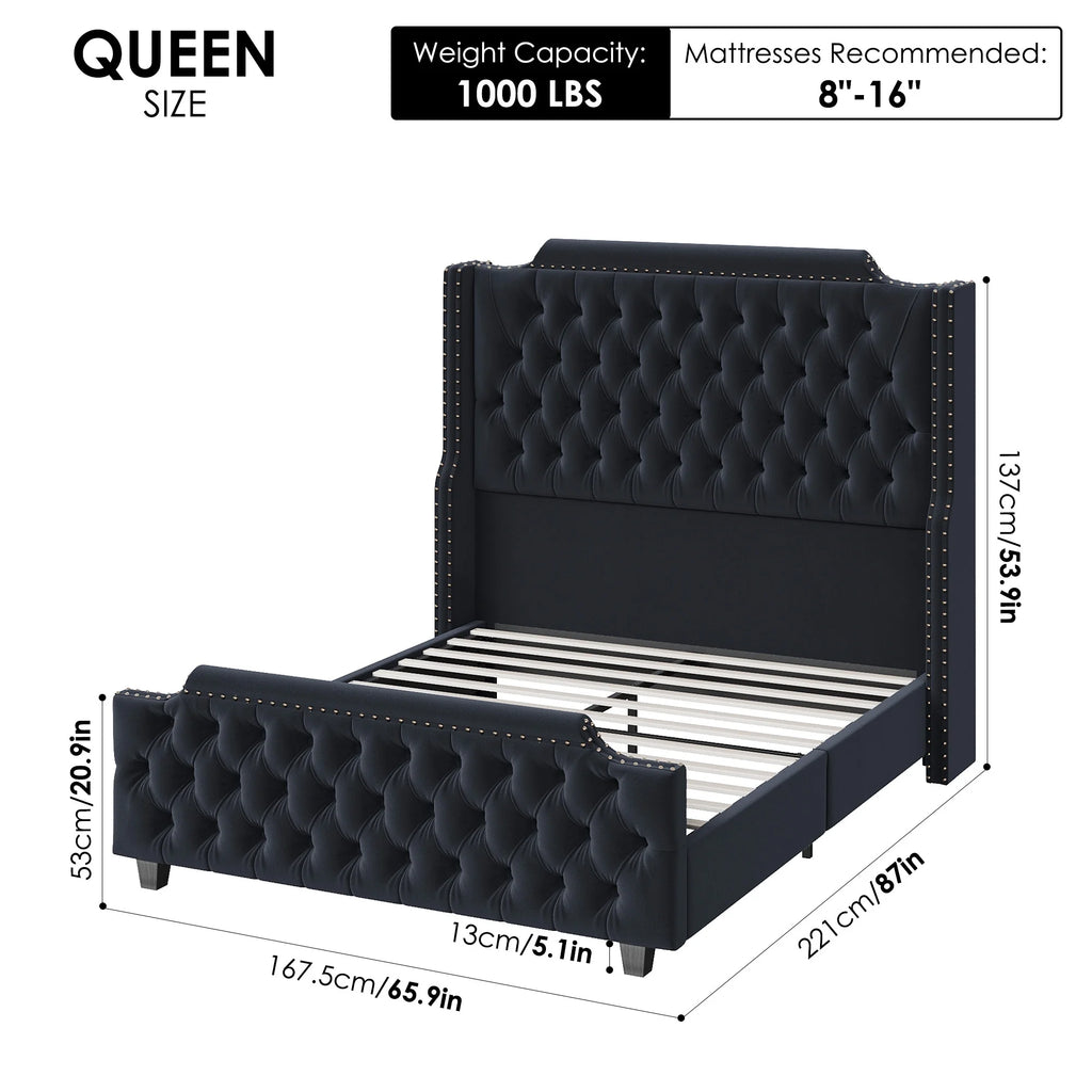 Queen Size Off-white Velvet Upholstered Bed Frame with Headboard and Footboard C40348