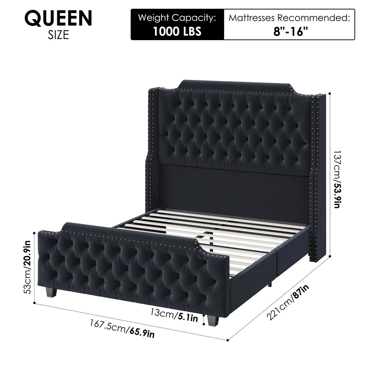 Queen Size Off-white Velvet Upholstered Bed Frame with Headboard and Footboard C40348