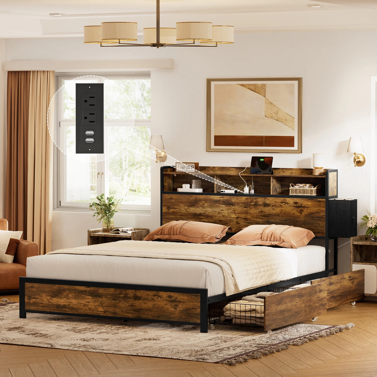 Queen Bed Frame with Storage Headboard and 2 Drawers S56381