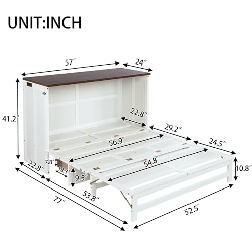 Queen Size White Murphy Bed with Storage Drawer and Charging Station T938