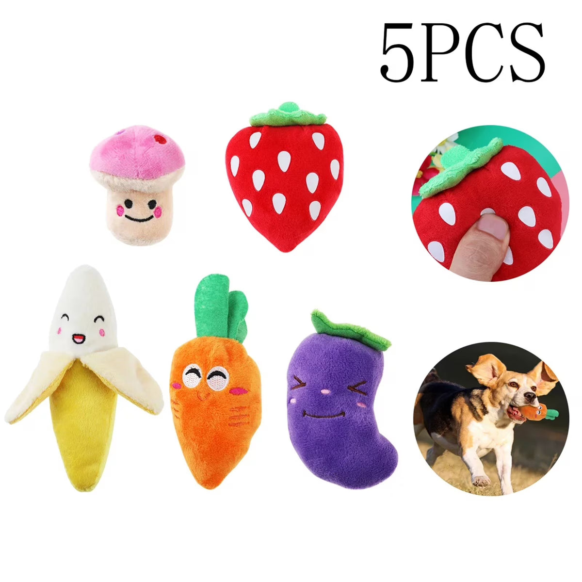 5 Pack Dog Squeaky Toys Plush Fruits Snacks and Vegetables Dog Toys I879145