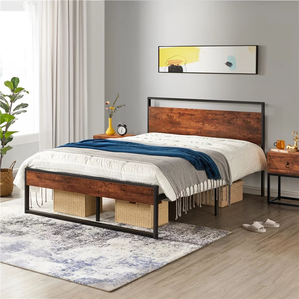 Full Size Mahogany Metal Platform Bed H7063