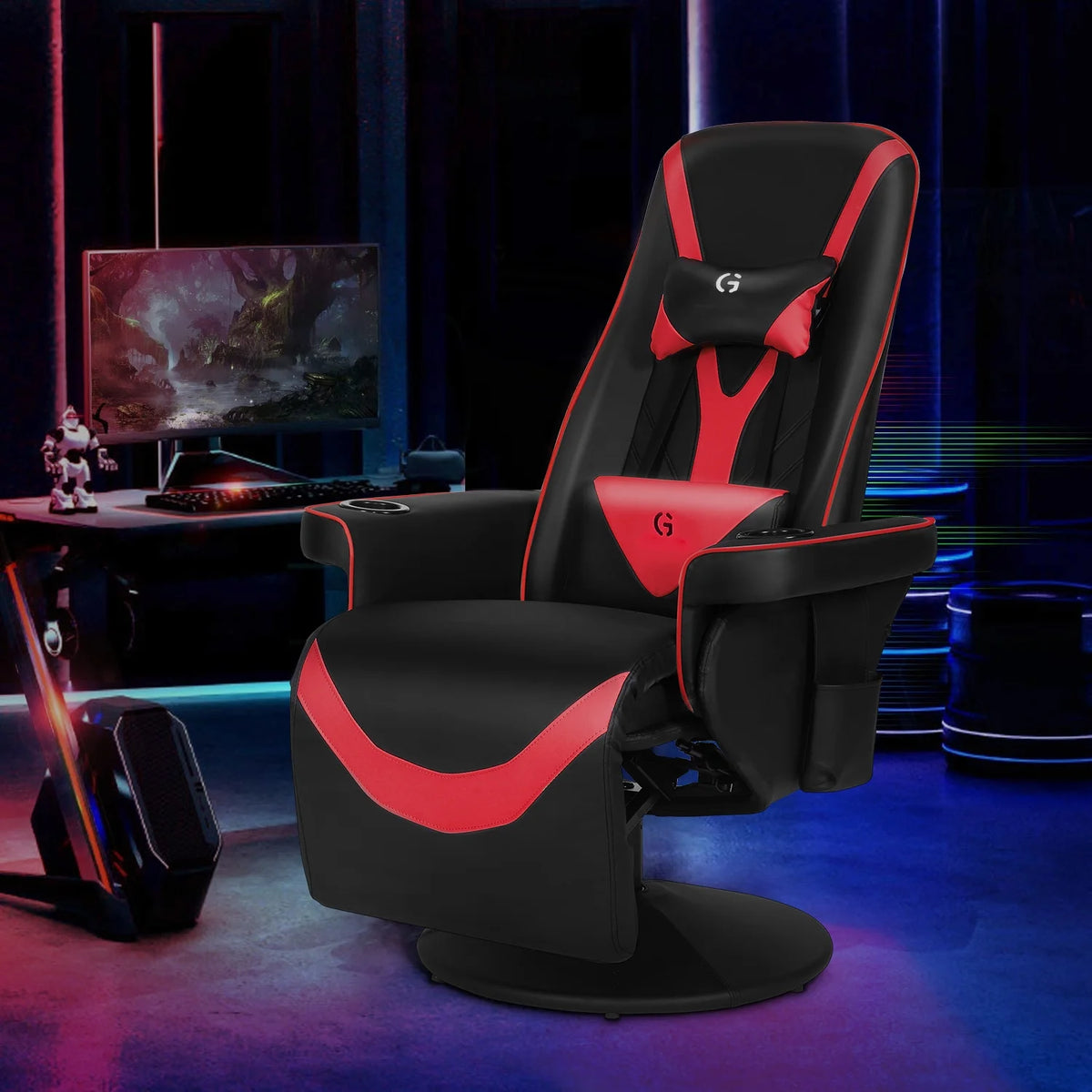 Queen Throne Video Gaming Chair Ergonomic Recliner Racing Chair with Footrest, Black Red J781473