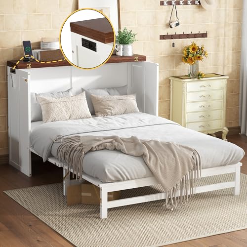 Queen Size White Murphy Bed with Storage Drawer and Charging Station T938