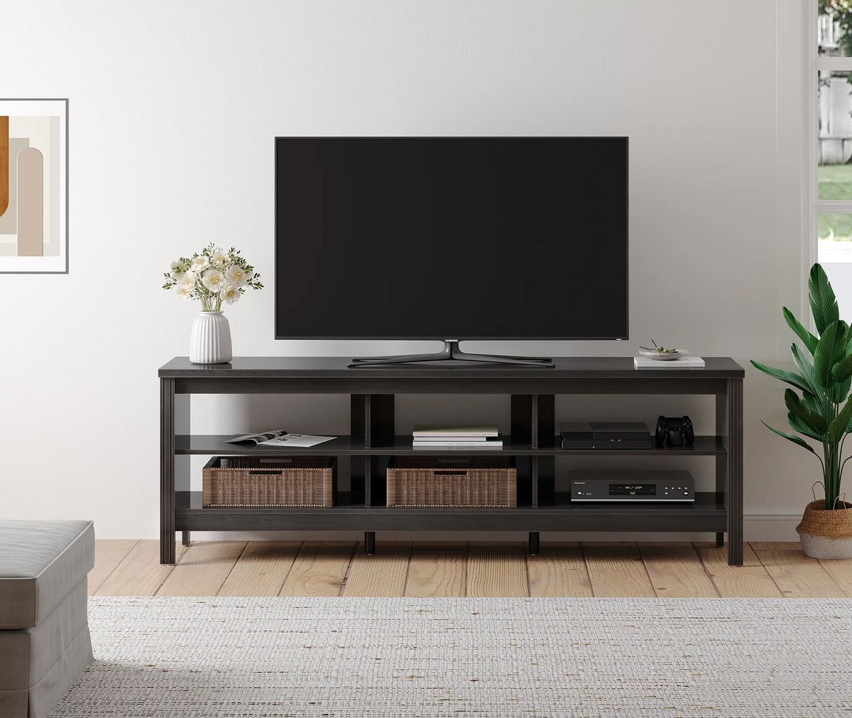 Black Wood TV Stand with 6 Open Shelves D6329