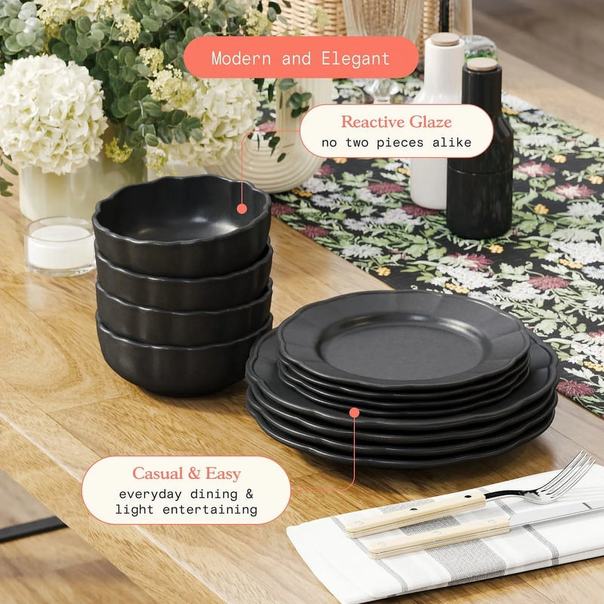 Black 12 Piece Stoneware Dinnerware Set S98573