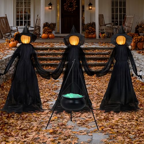 Set of 3 Light Up Witch Decorations with Cauldron W5285