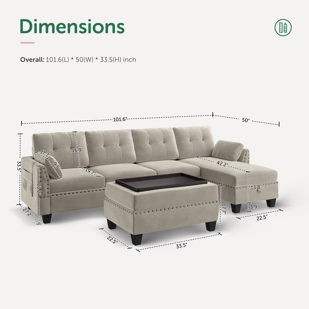 Velvet L-Shaped Sectional Sofa with Ottoman O325