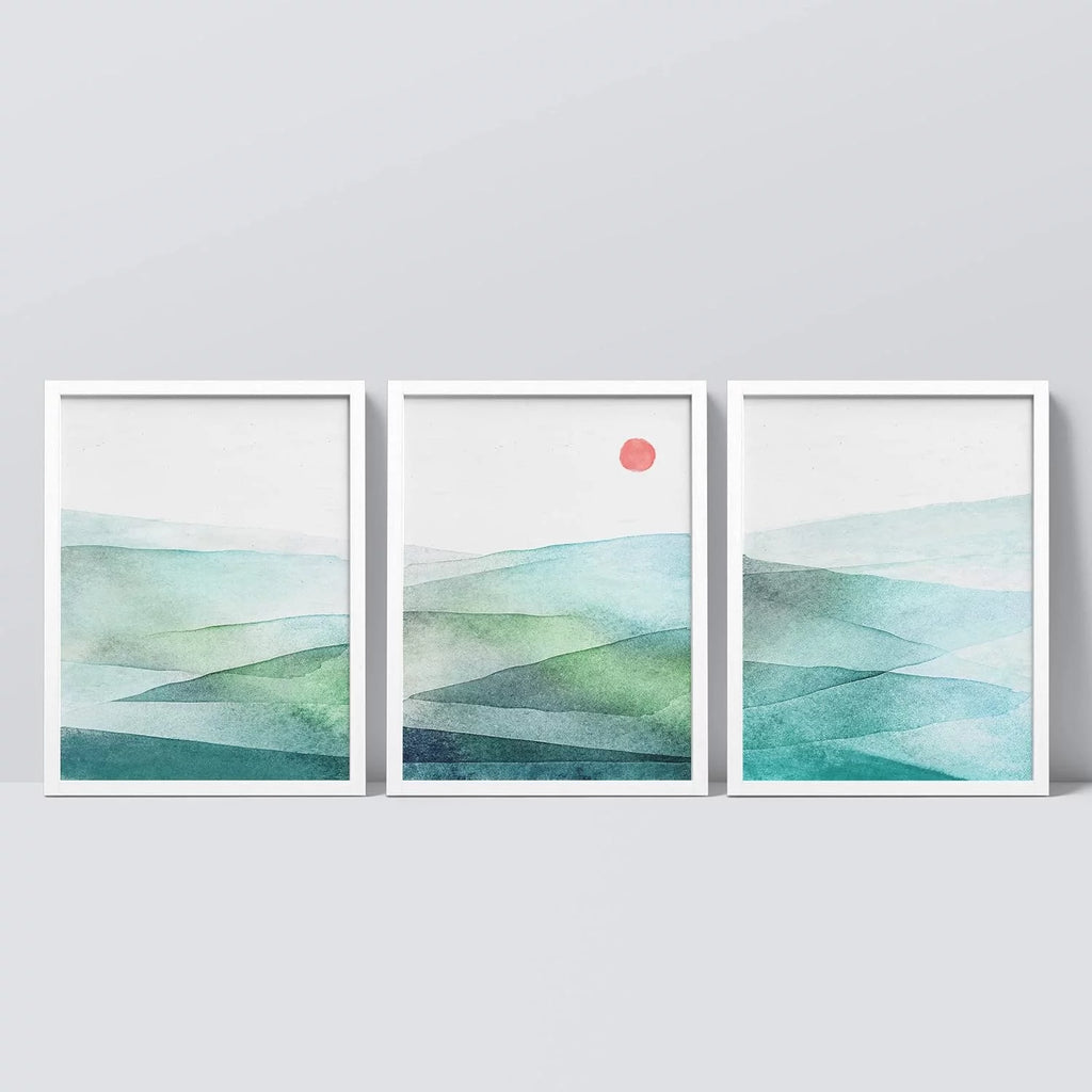 Framed Canvas Print Wall Art Set of 3 Green Blue Mountains U579