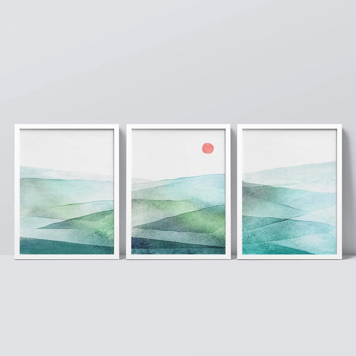 Framed Canvas Print Wall Art Set of 3 Green Blue Mountains U579
