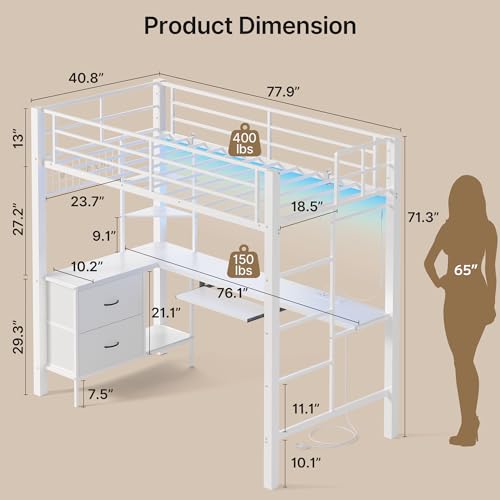 Brown Twin Loft Bed with L-Shaped Desk and LED Lights H4473
