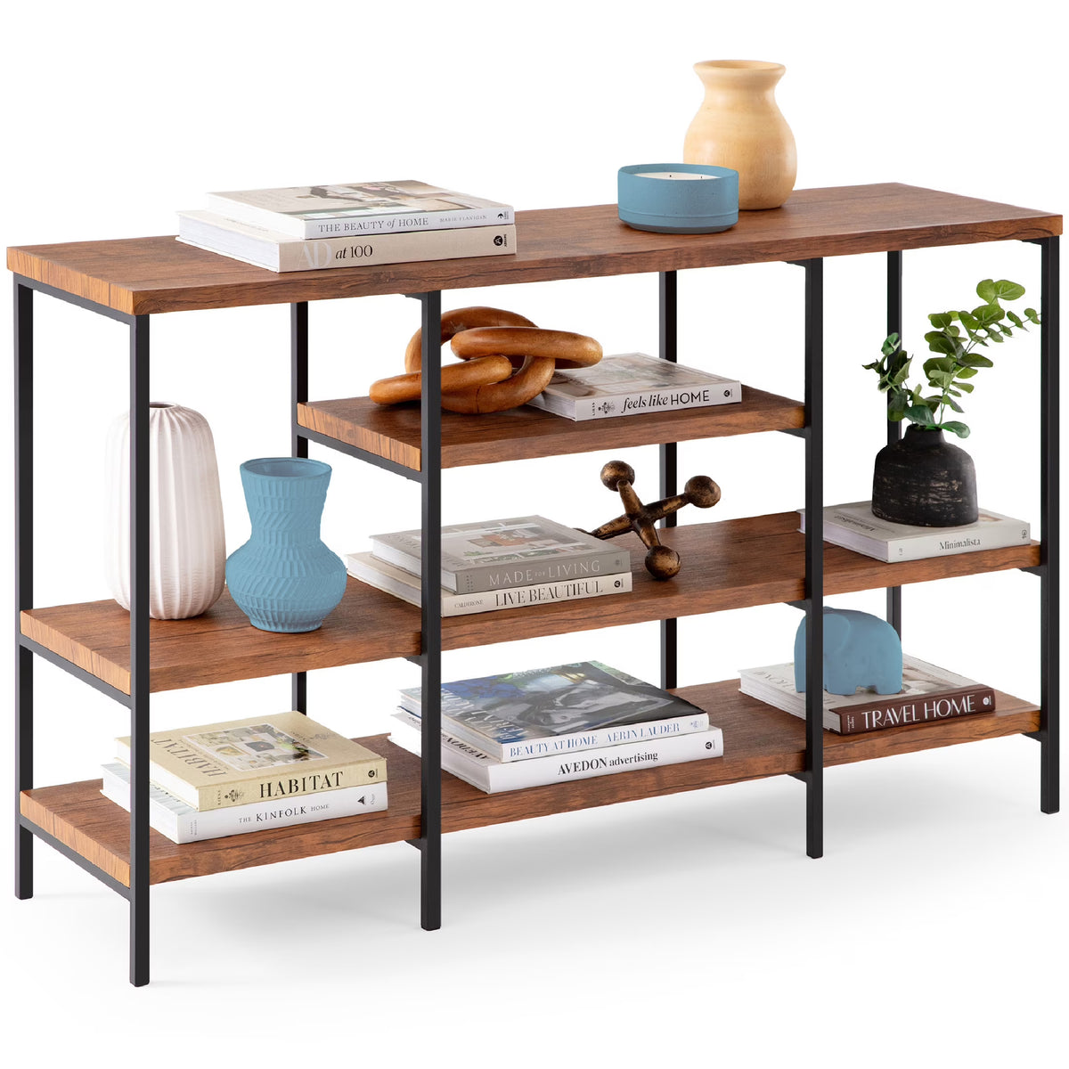 Industrial 4-Tier Console Table with Tall Shelves, Metal Frame B817436