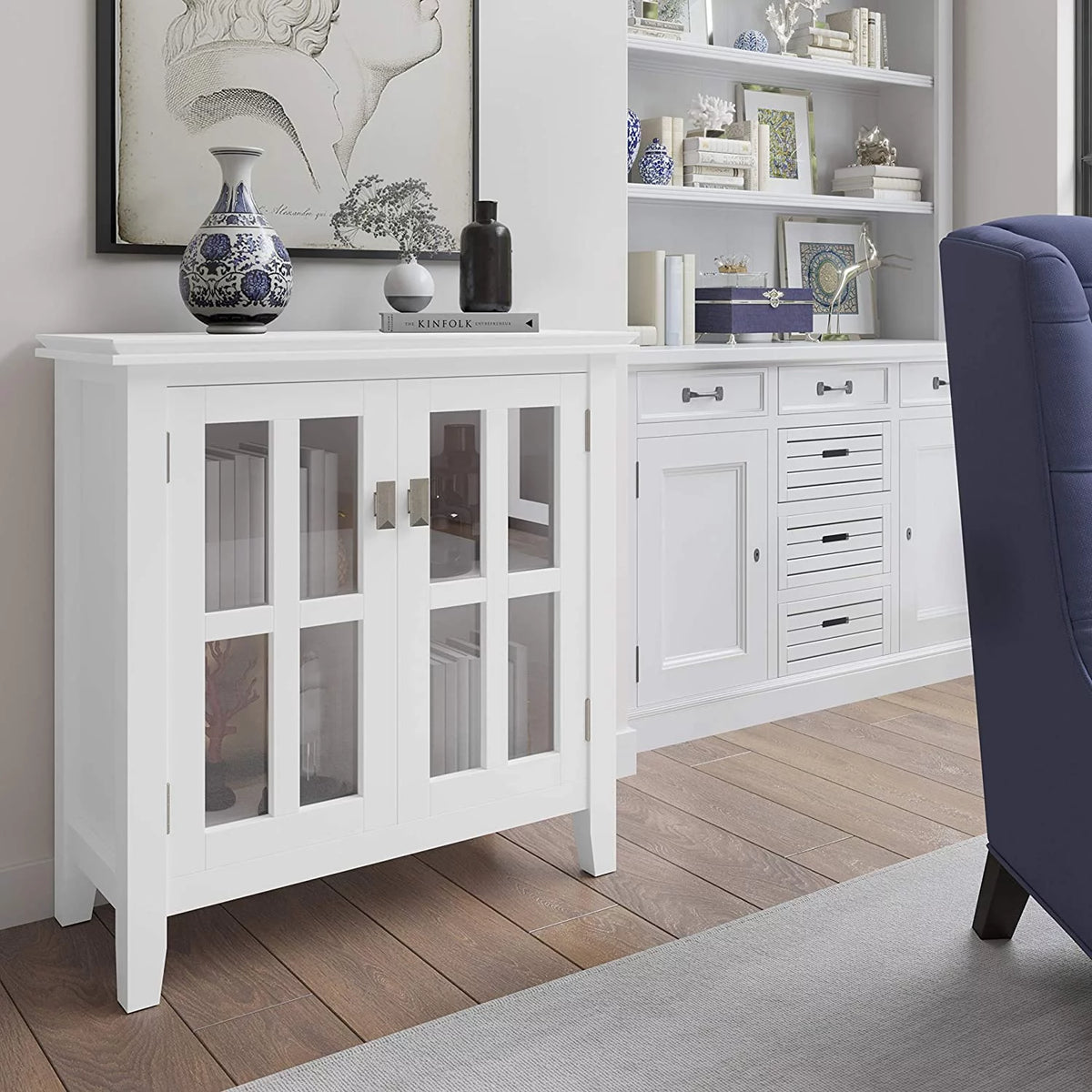 White 30 inch Low Storage Cabinet with 2 Tempered Glass Doors X26925