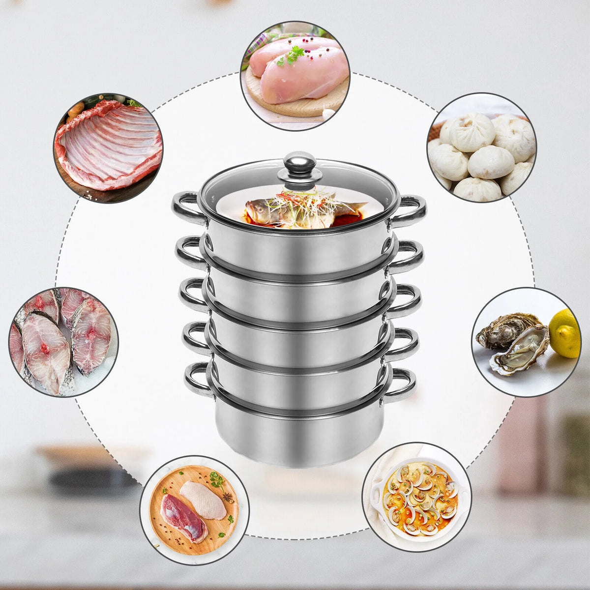 5-tier Stainless Steel Steamer with Lid T4654