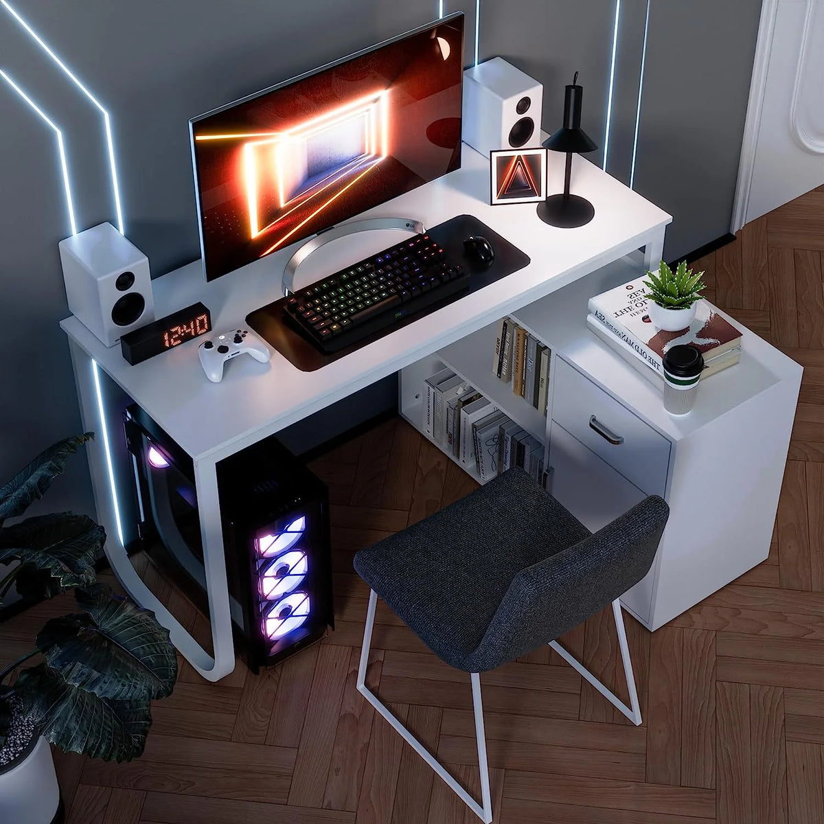 White L-Shaped Computer Desk with Drawer and 2 Shelves X8266