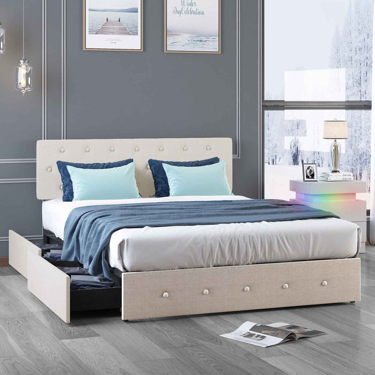 Queen Size Bed Frame with Storage Drawers and Adjustable Headboard K375907
