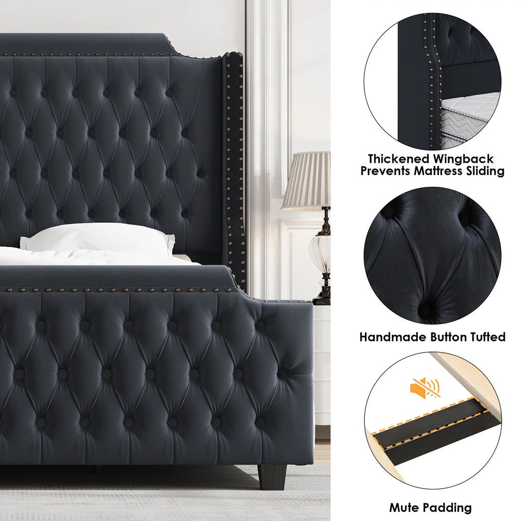 Queen Size Off-white Velvet Upholstered Bed Frame with Headboard and Footboard C40348