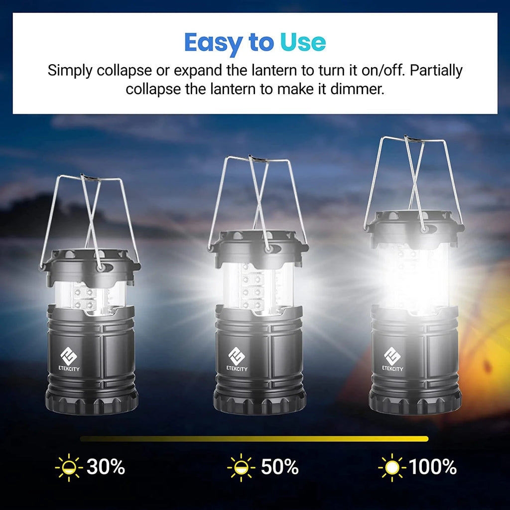 4 Pack Portable LED Camping Lantern with 12 AA Batteries, Black, Collapsible Y237656