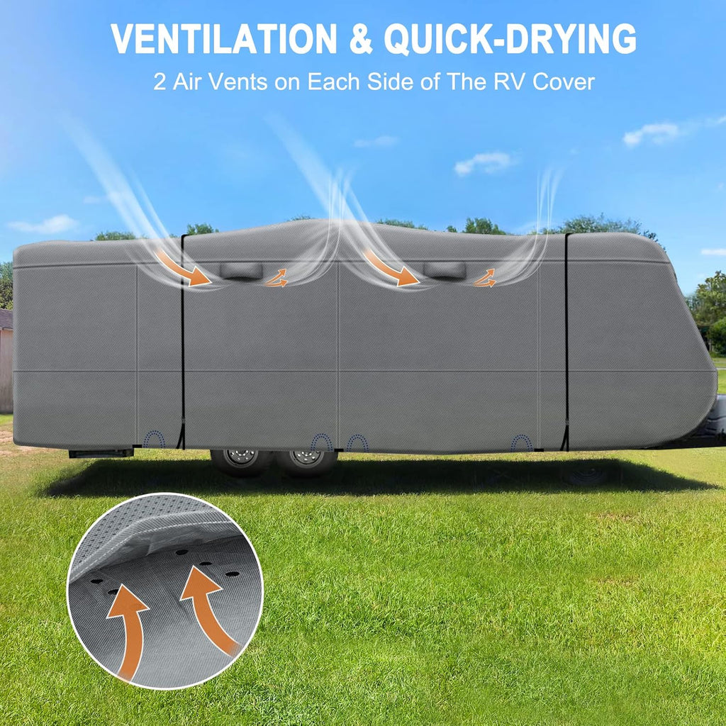 Heavy Duty 6 Layers Travel Trailer RV Cover Anti-UV Breathable Rip-Stop with 2Pcs Extra Straps & Gutter Spout Covers N4561