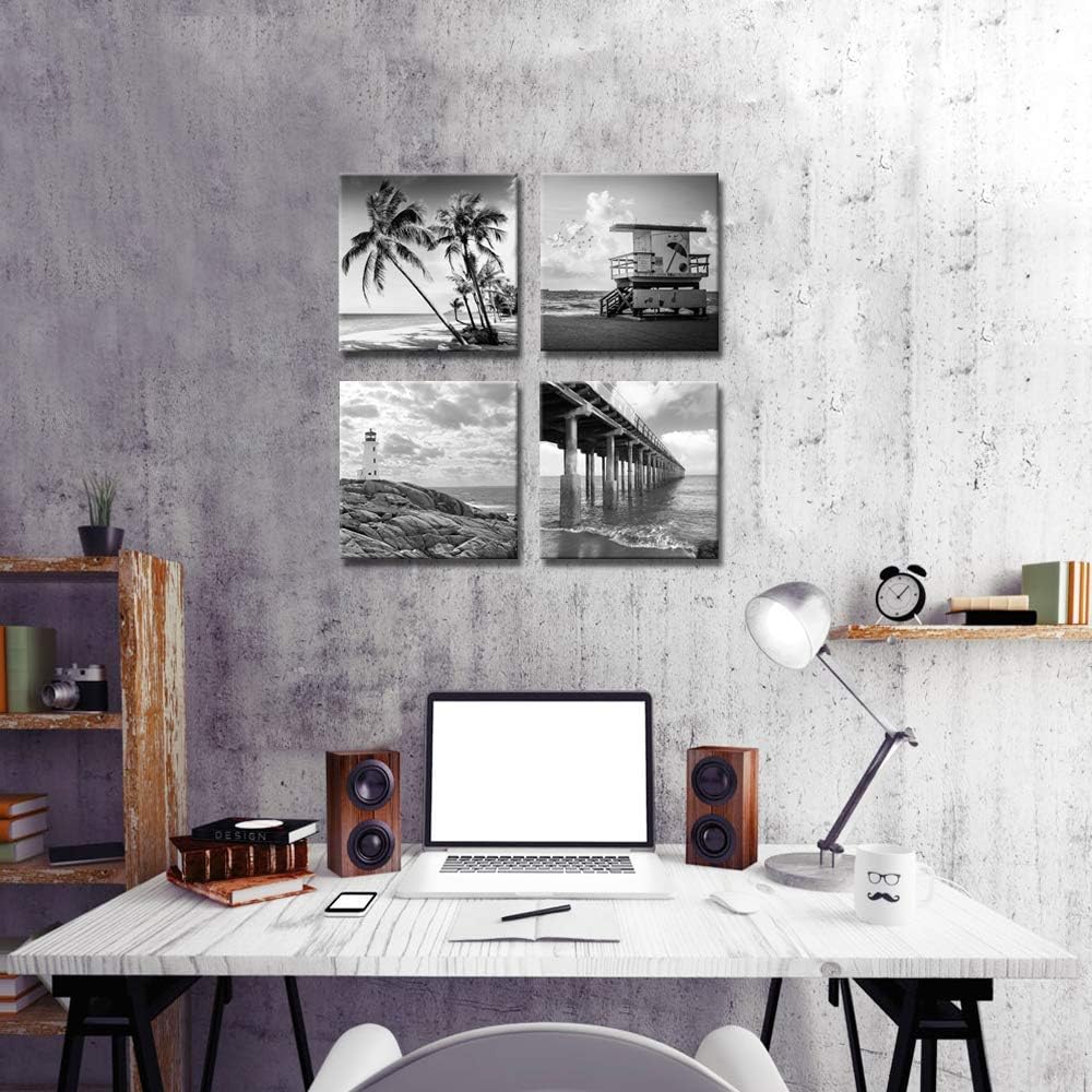 Black and White Beach Wall Art Florida Seascape Painting Lighthouse Lifeguard Tower Pier Picture Print Framed Artwork Ready to Hang B767395