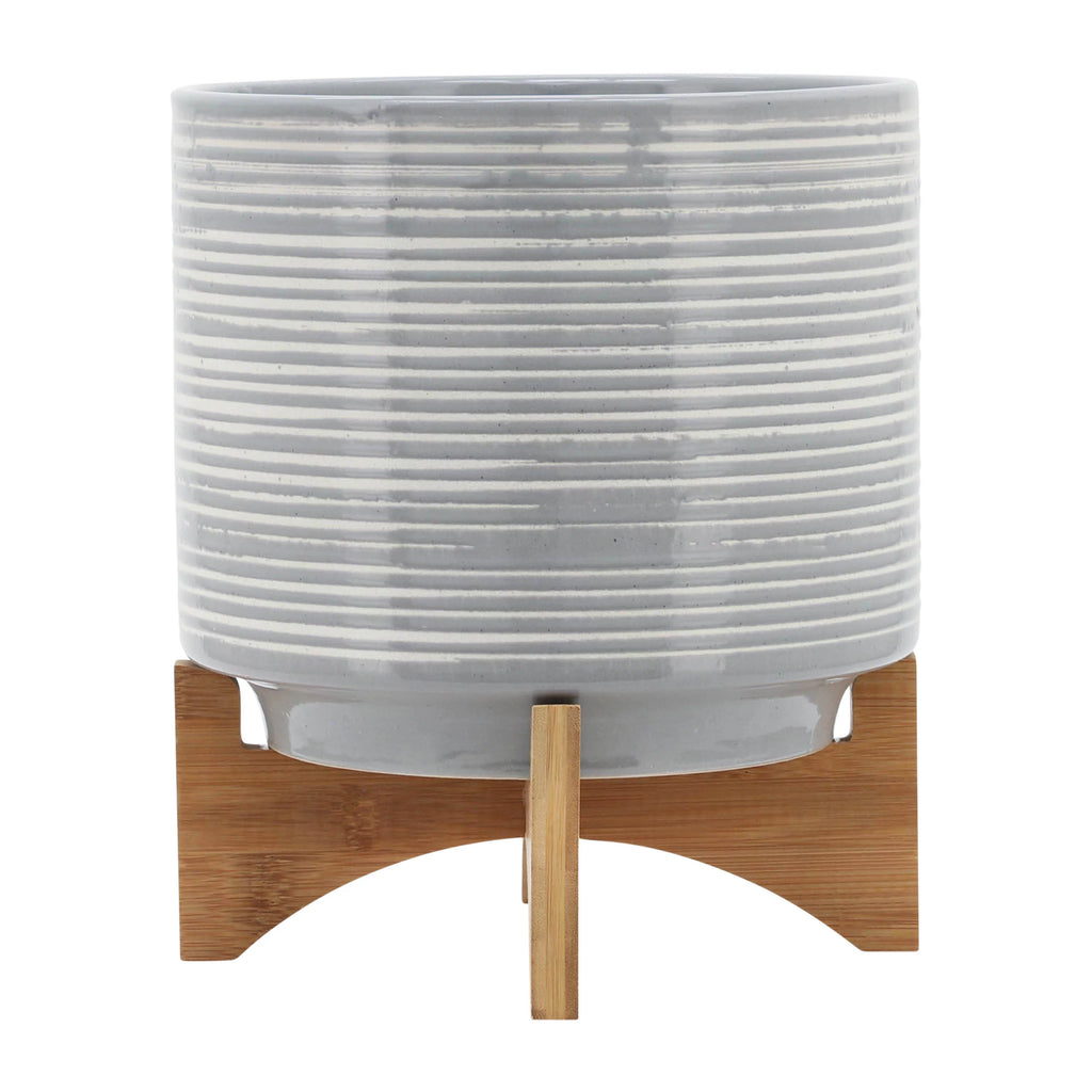 10" Round Striped Ceramic Planter On Stand E530923