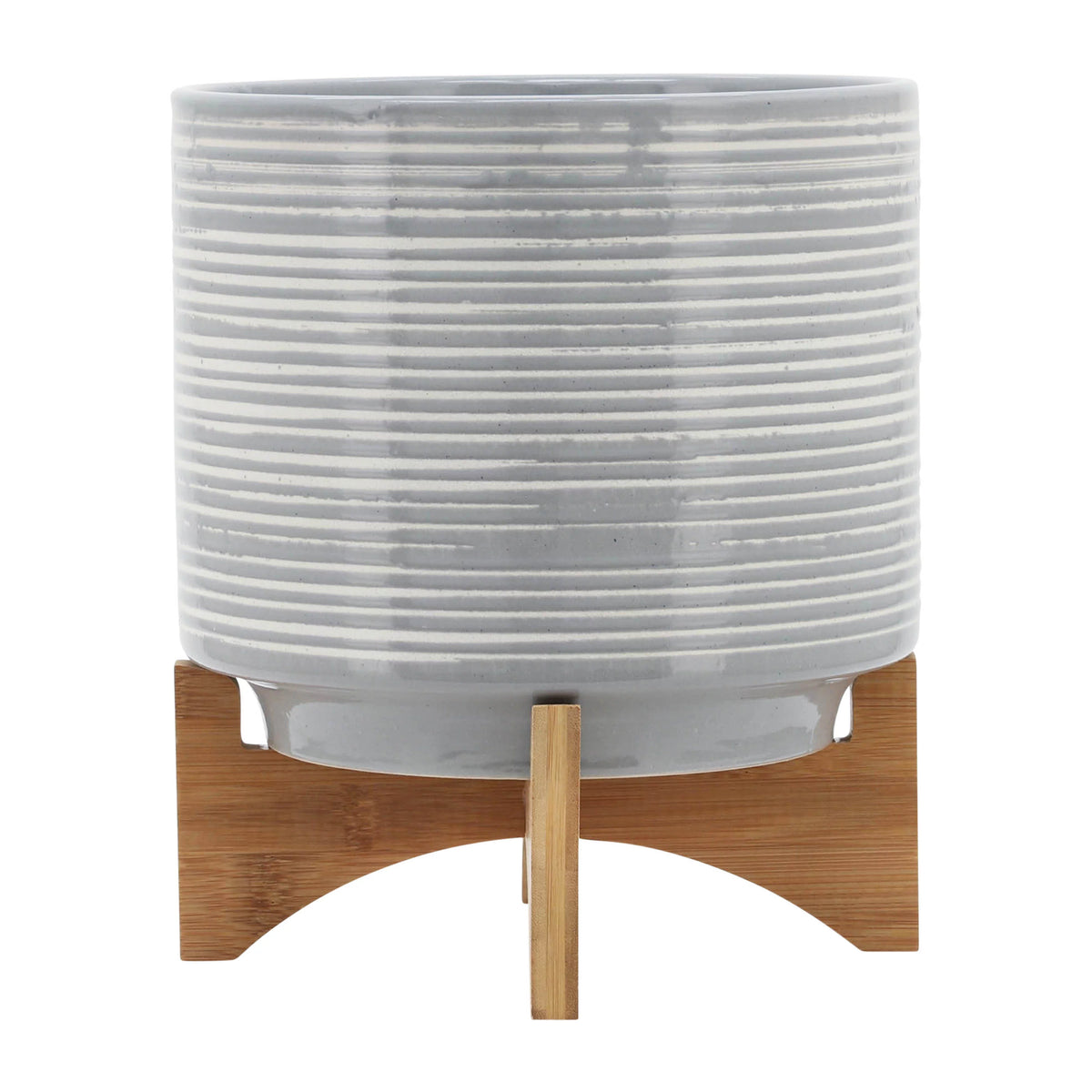 10" Round Striped Ceramic Planter On Stand E530923