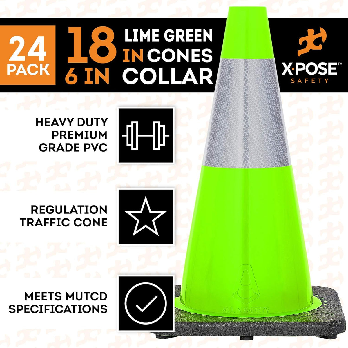 Lime Green PVC Traffic Cone with Reflective Collar, 4 Pack Q3837