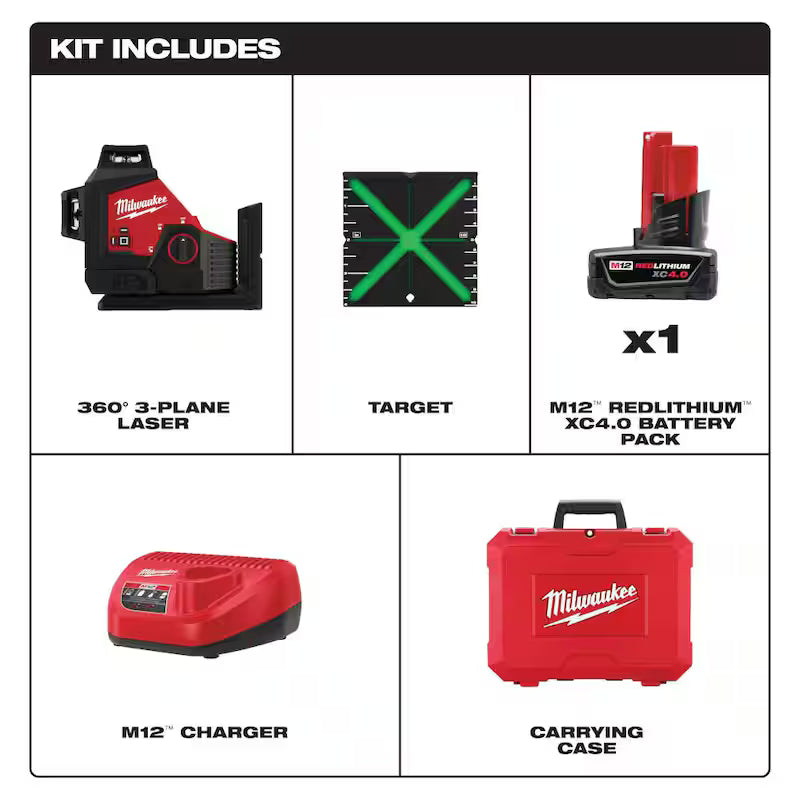 12-Volt Cordless Green 3-Plane Laser Level Kit S7028