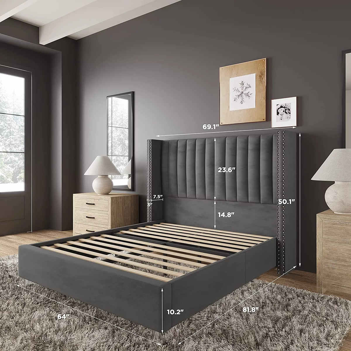 King Size Velvet Upholstered Bed Frame Y195746