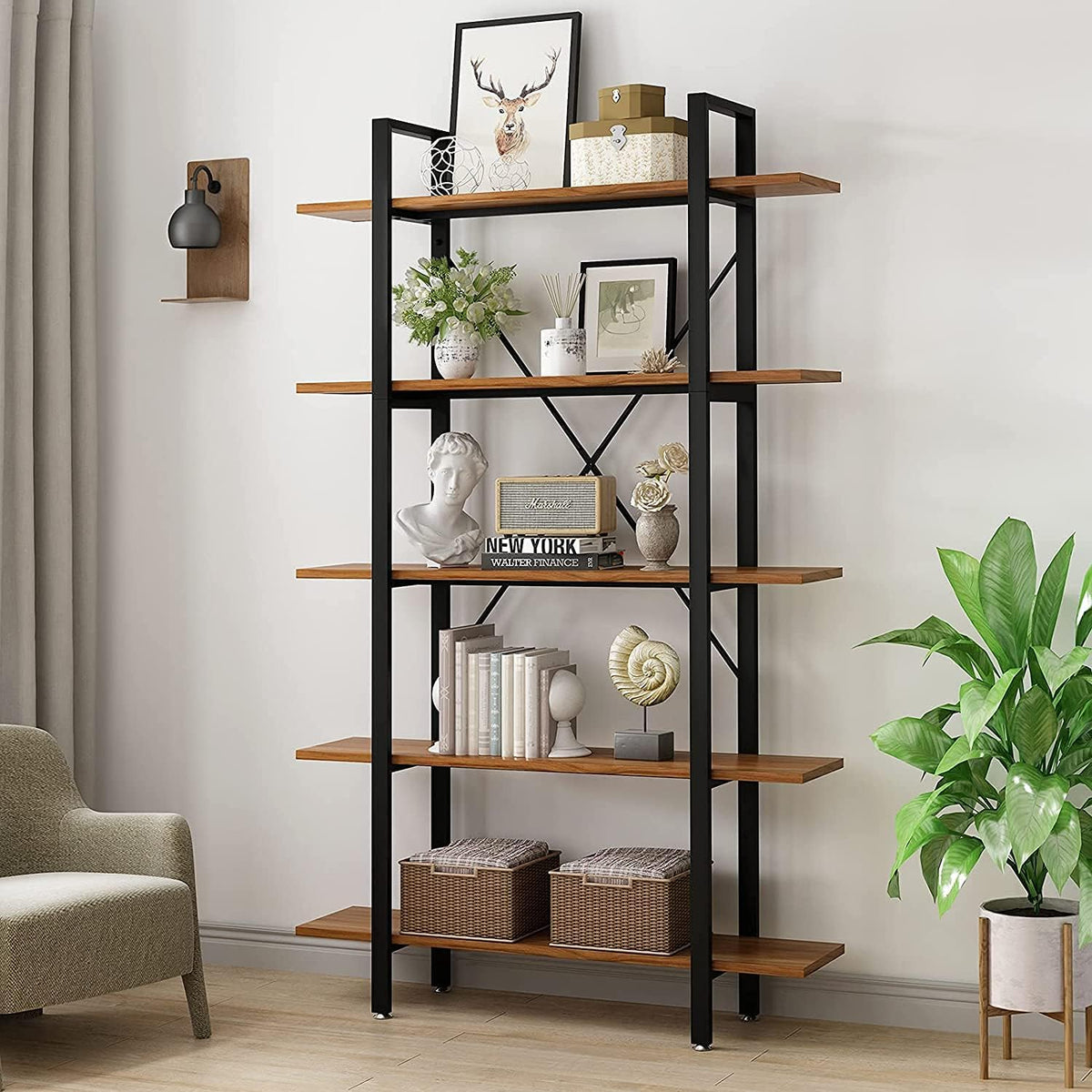 Large 5-Tier Open Bookcase with Wood & Metal Frame, Rustic Brown L95356