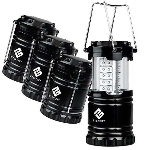 4 Pack Portable LED Camping Lantern with 12 AA Batteries, Black, Collapsible Y237656