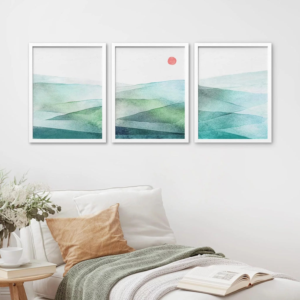 Framed Canvas Print Wall Art Set of 3 Green Blue Mountains U579