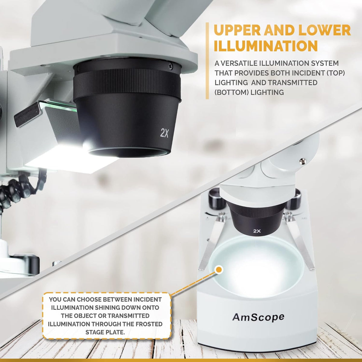 Binocular Stereo Microscope, WF10x Eyepieces, 20X and 40X Magnification, 2X and 4X Objectives, Upper and Lower LED Lighting, Reversible Black/White Stage Plate, Pillar Stand T478