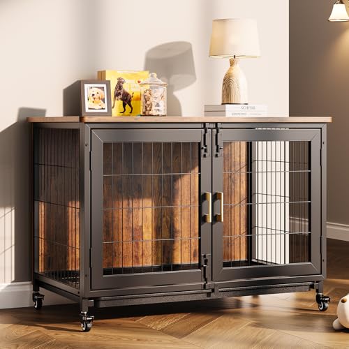 37.5 Inch Wooden Dog Crate with Wheels T60175