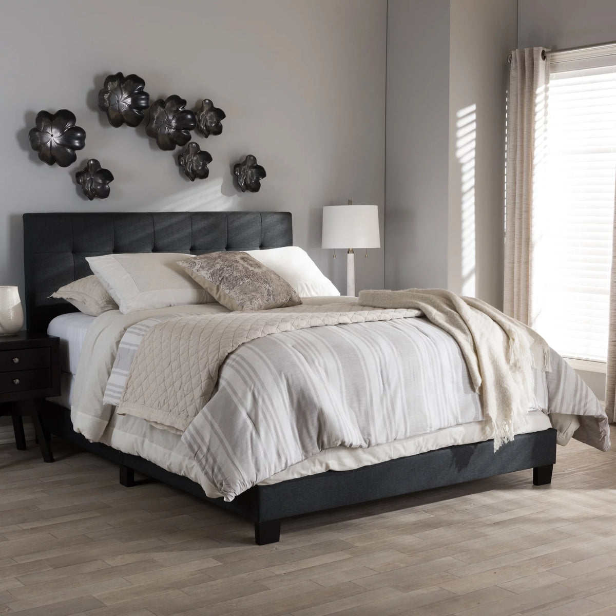 Charcoal Grey Grid-tufted Upholstered Panel Bed Queen S680504