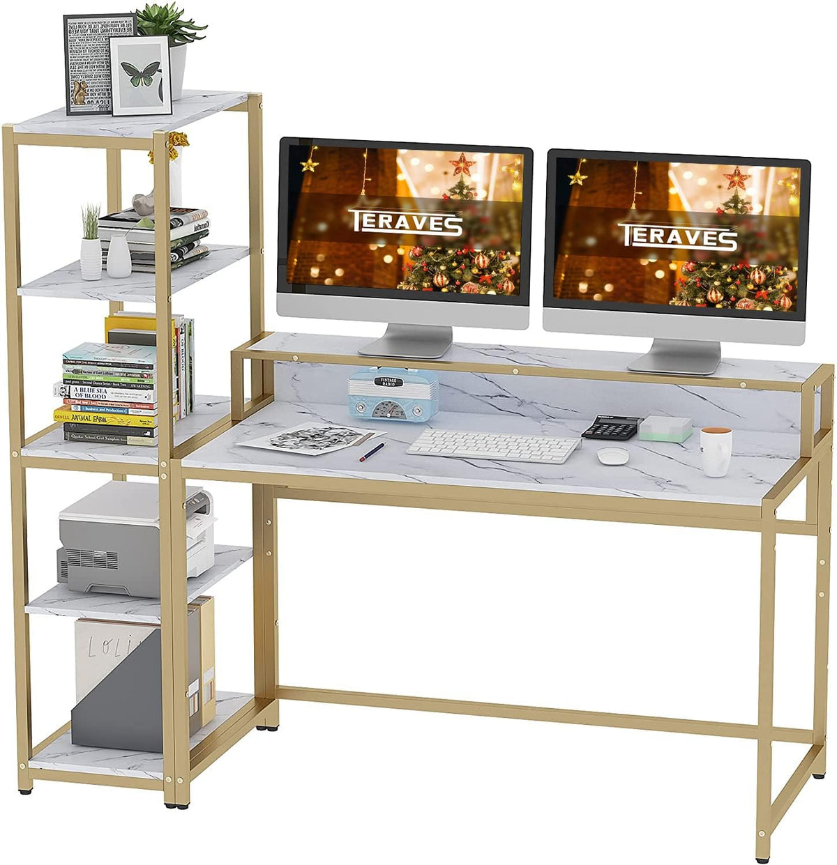 47 Inch Reversible Computer Desk with 5 Tier Shelves and Storage P239838