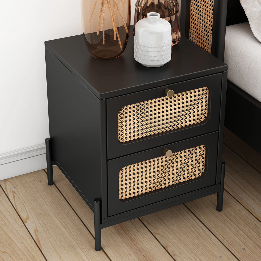 Black 2-Drawer Rattan Wood Side Table S908