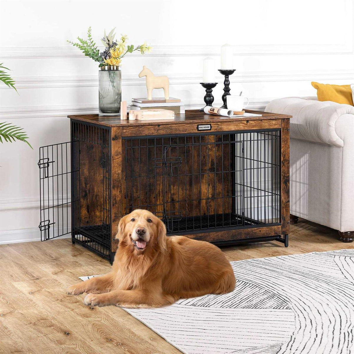Large Wooden Dog Crate Furniture with Pull-Out Tray R92211