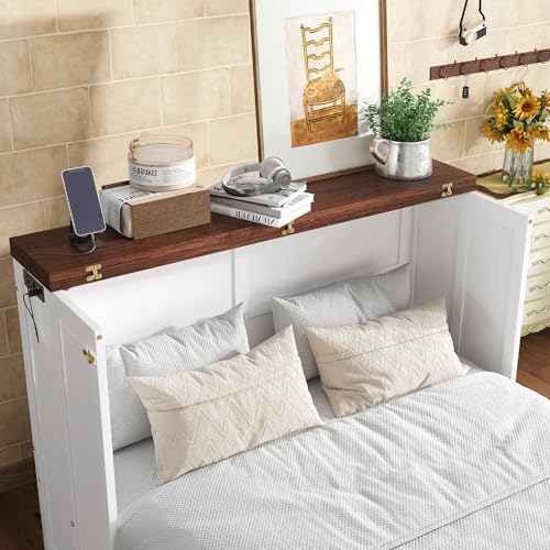 Queen Size White Murphy Bed with Storage Drawer and Charging Station T938