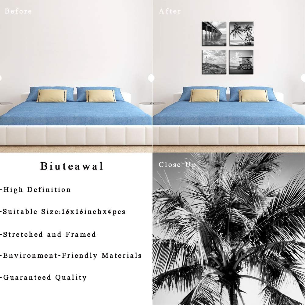 Black and White Beach Wall Art Florida Seascape Painting Lighthouse Lifeguard Tower Pier Picture Print Framed Artwork Ready to Hang B767395