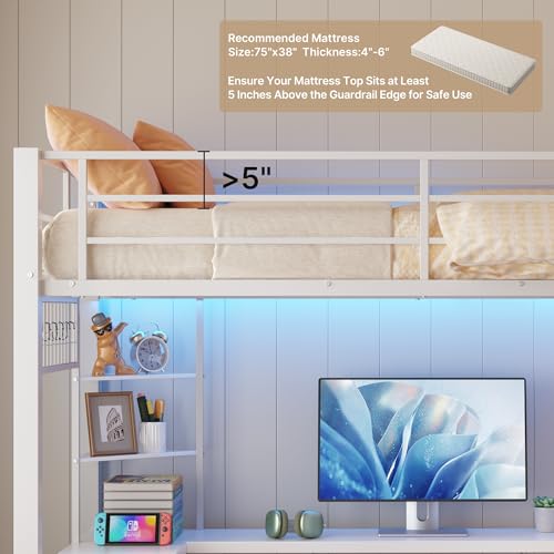 Brown Twin Loft Bed with L-Shaped Desk and LED Lights H4473
